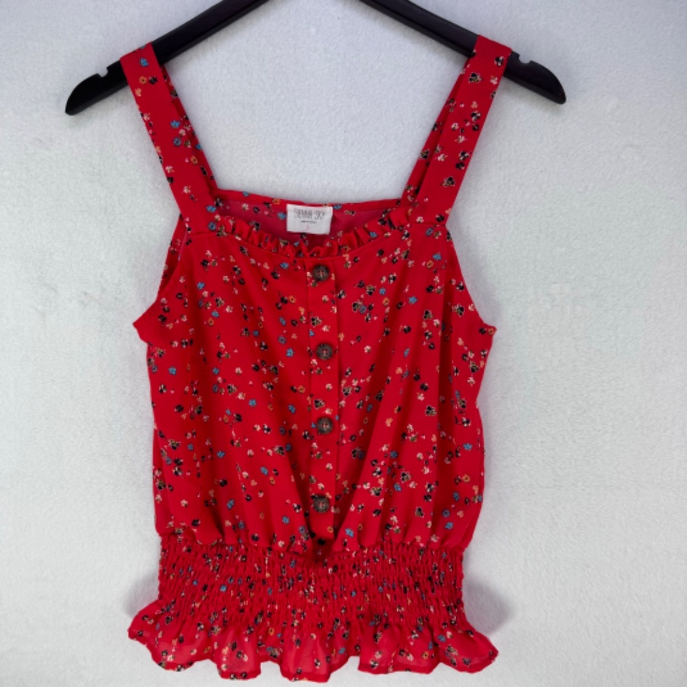 SIENNA SKY CropTop Women Sz S Red Floral Ruffle neckline Elastic Smocked Waist